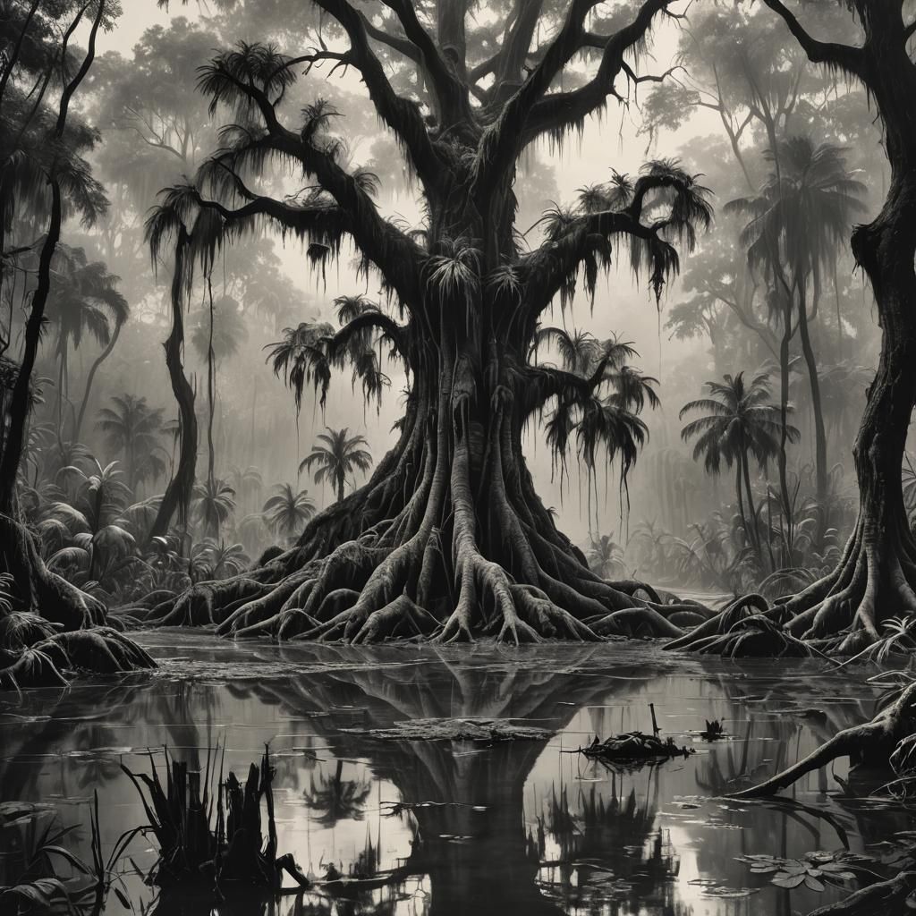 Eerie Flooded Jungle Swamp in Charcoal Drawing