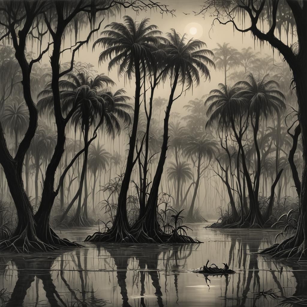 Eerie Flooded Jungle Swamp in Charcoal Illustration