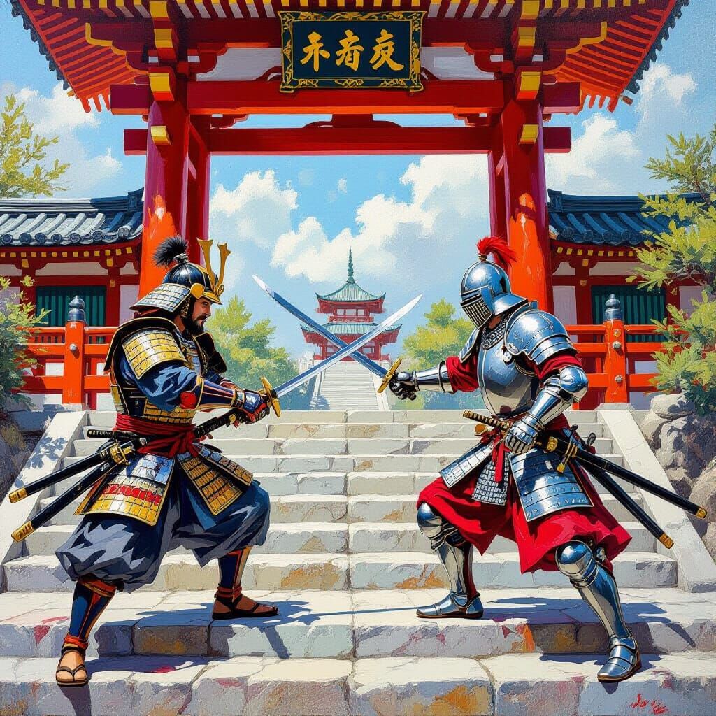 Samurai vs Knight Oil Painting on Pagoda Steps