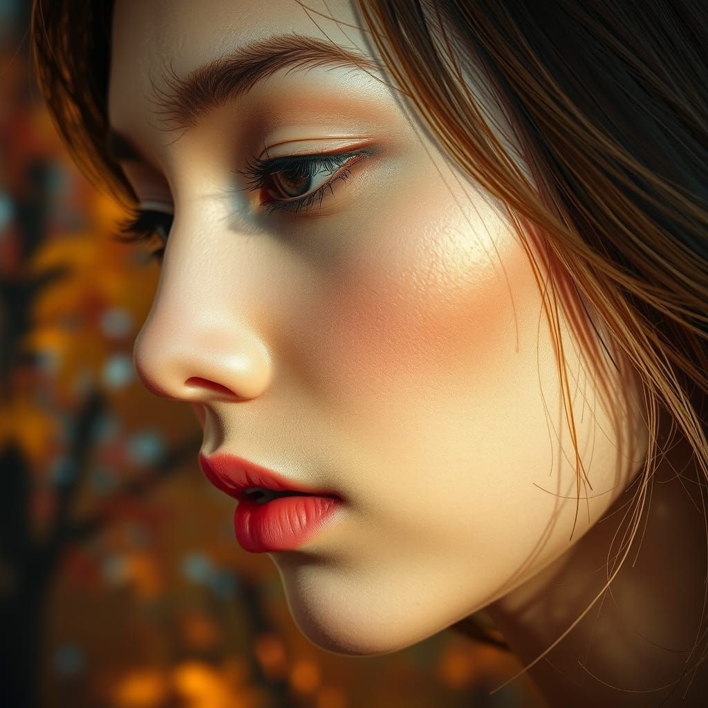 Hyperrealistic Woman in Dreamlike Autumn Scene