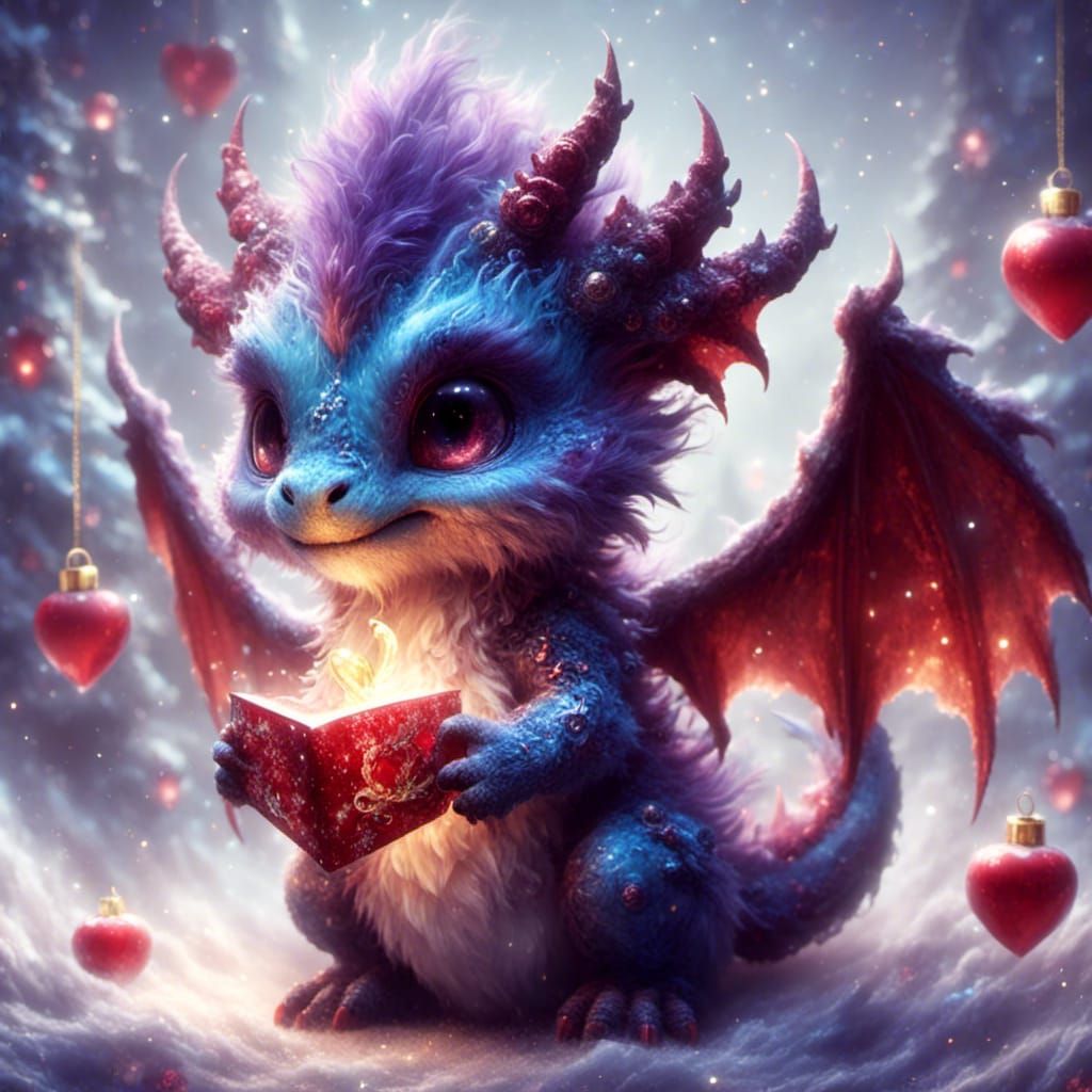Chibi Dragon with Christmas Heart Ornament