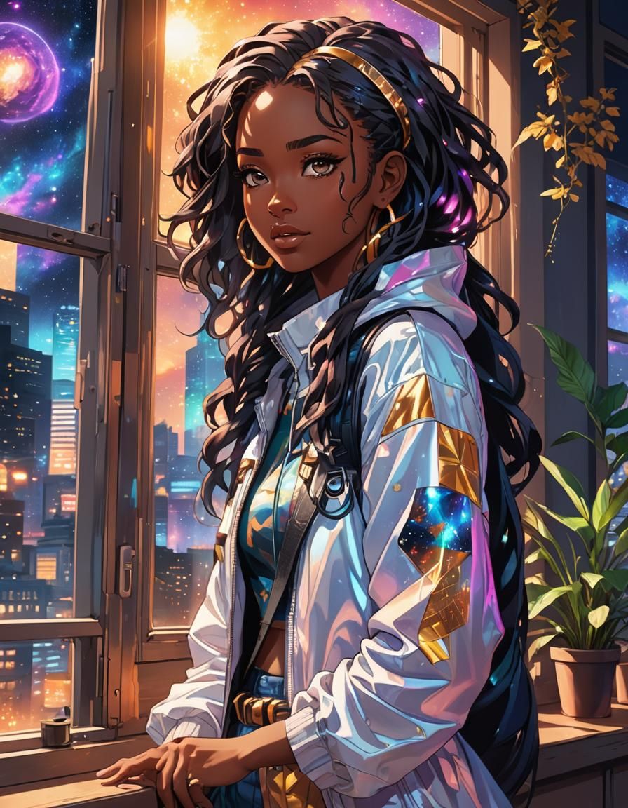 African American Girl in 90's Anime Style