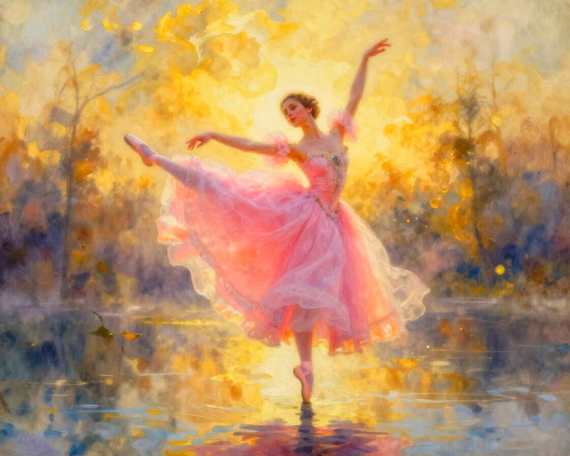 Coral Dancer in Pink Dress Hovering Over Water