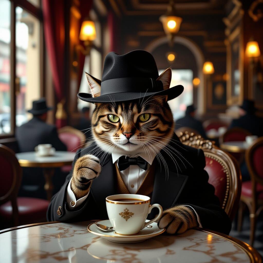 Cat Sipping Coffee in 1920s Parisian Cafe