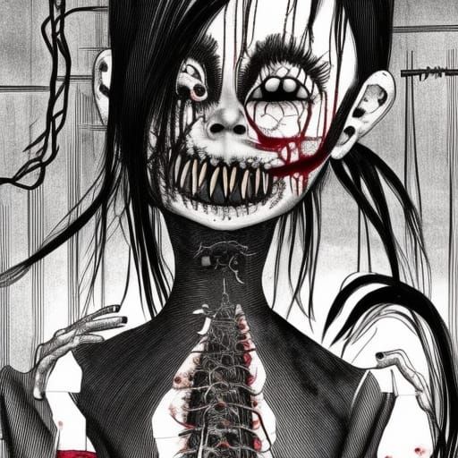 Disturbing Demon Girl in Horror Manga Style