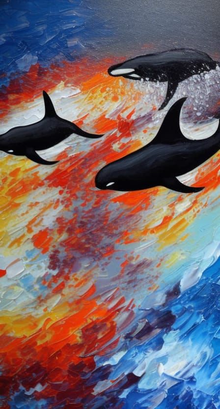 Orcas in Fire and Rain: Impasto Acrylic Painting