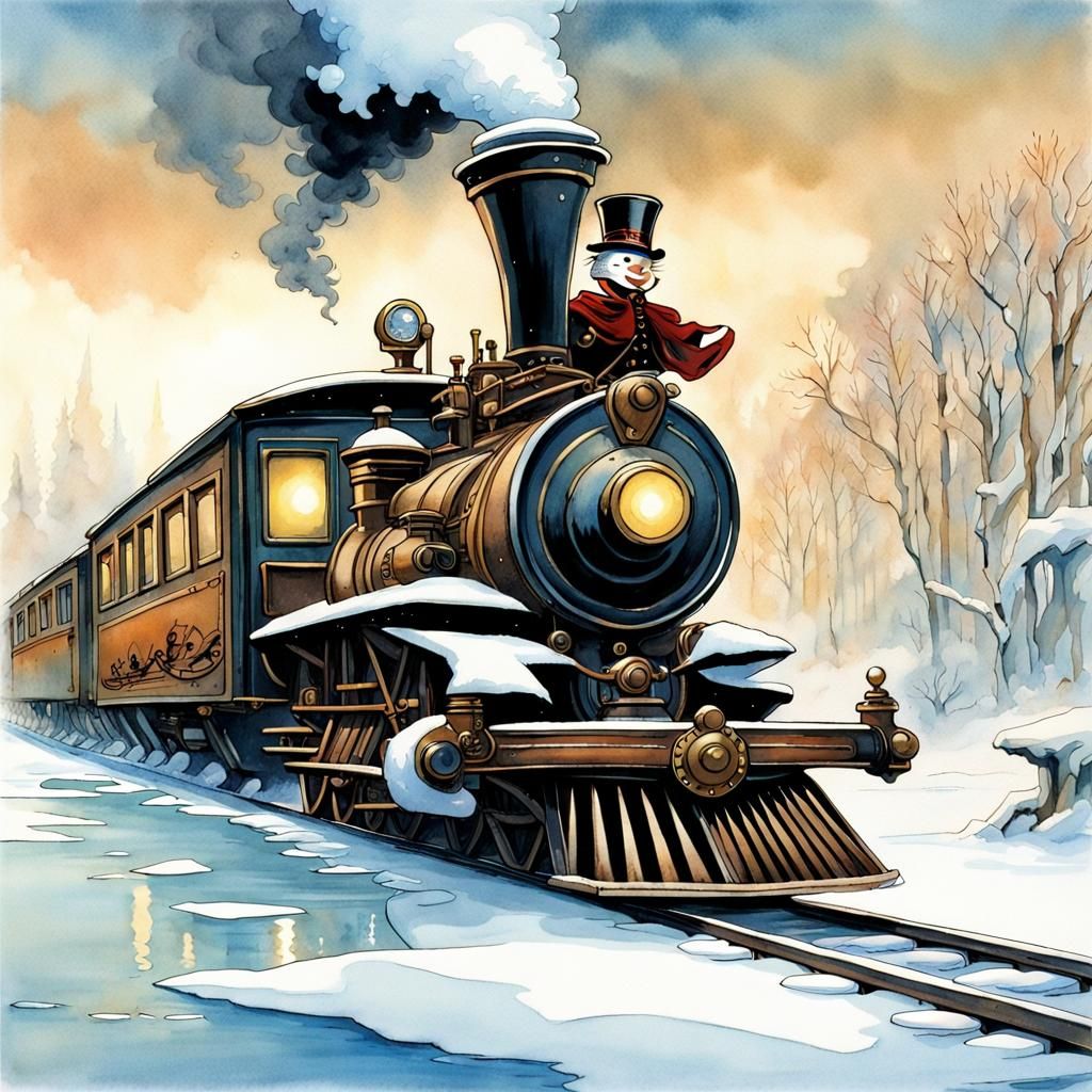 Steampunk Character Drives Train in Winter Wonderland