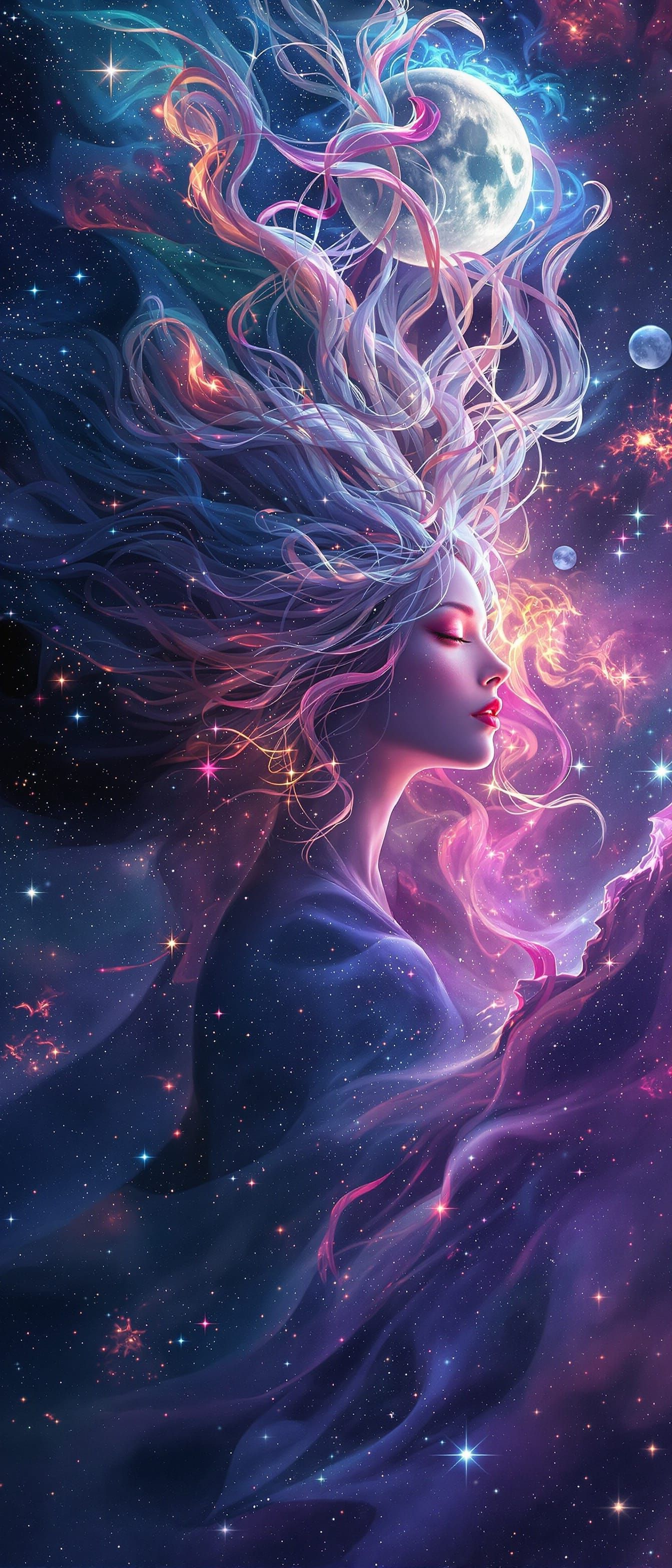 Ethereal Woman Amidst Cosmic Nebulae, Surrealist Style