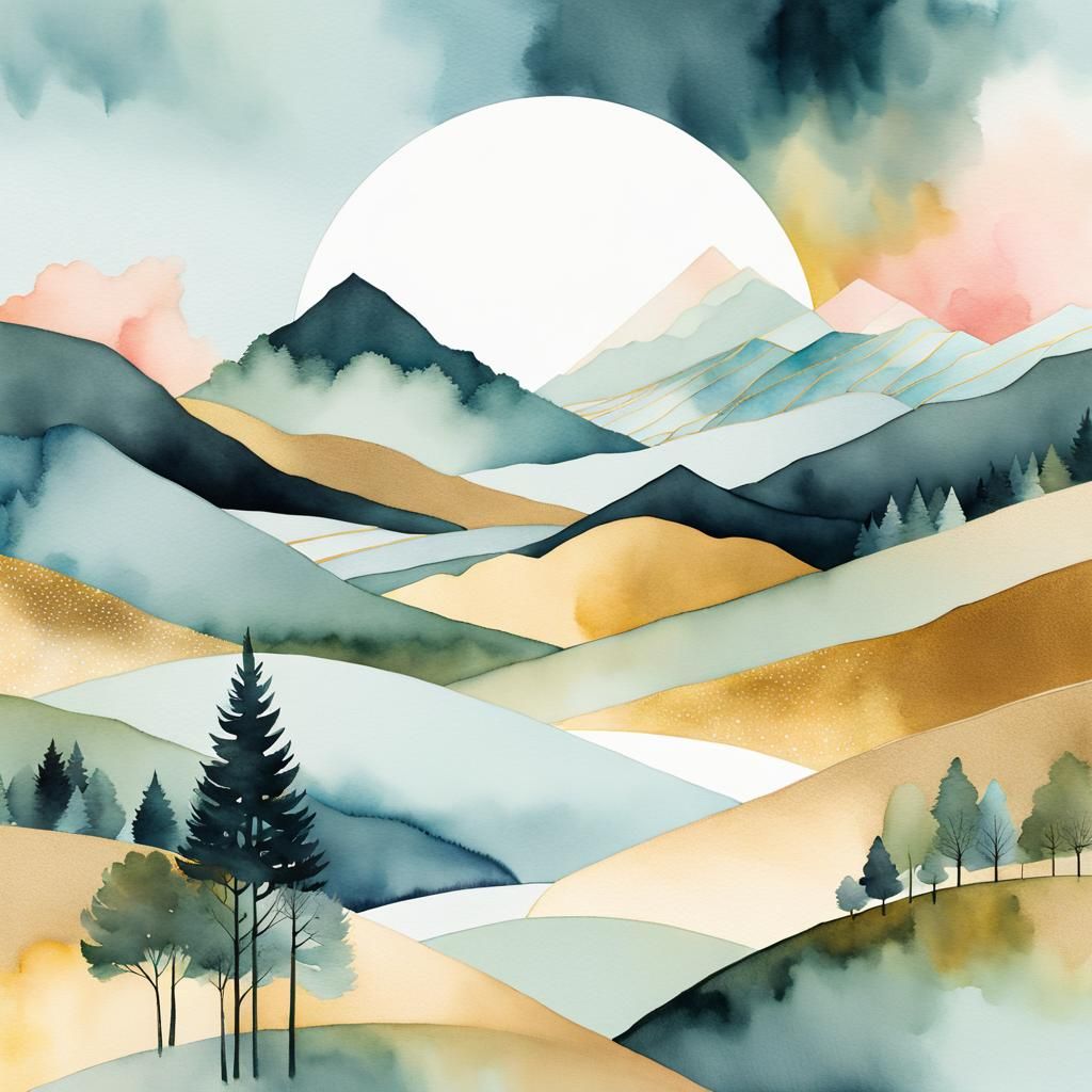 Minimalist Abstract Geometric Landscape in Watercolor Style
