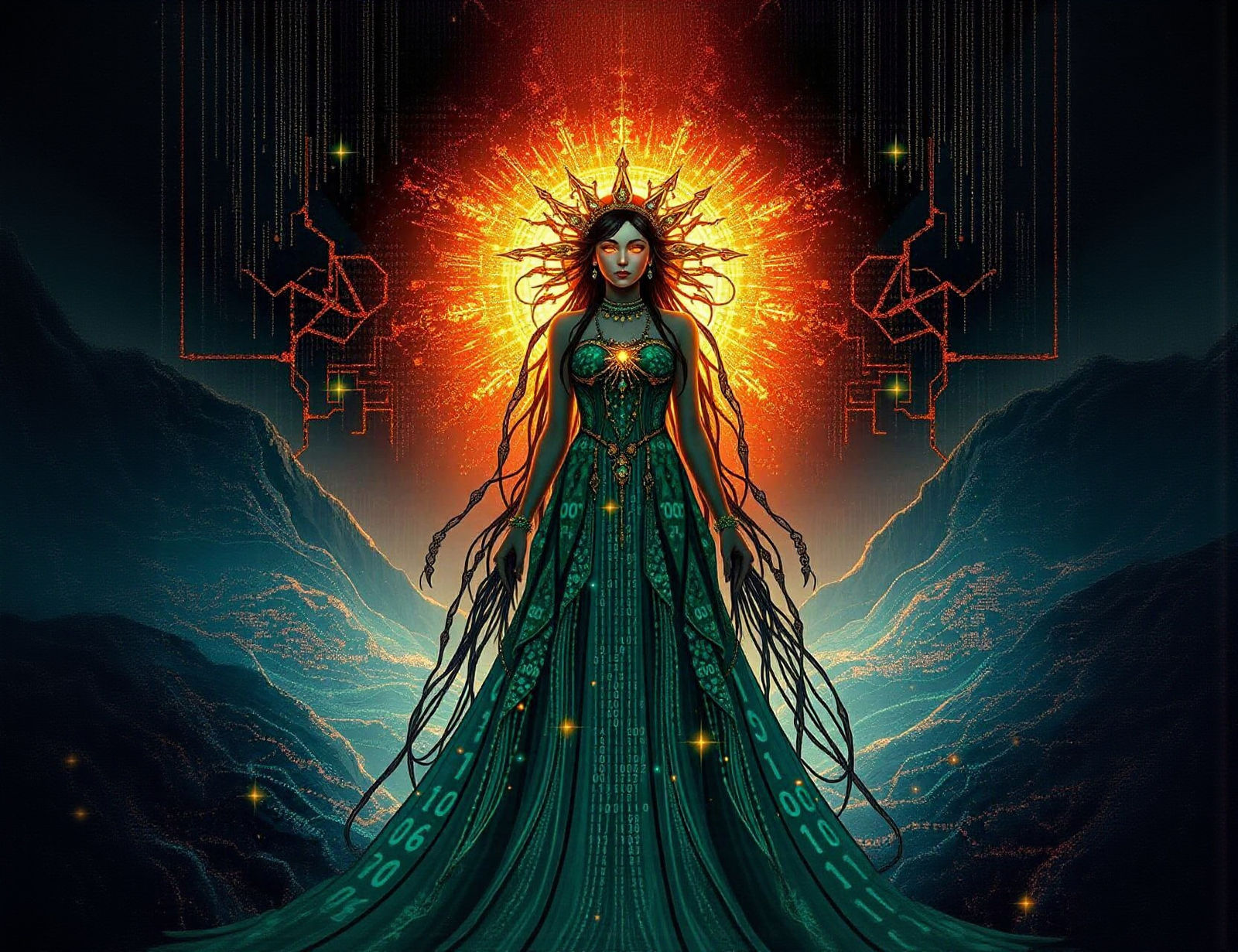 Digital Enchantress Before Portal in Art Nouveau Style