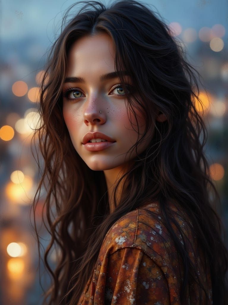 Woman at City Overlook at Twilight