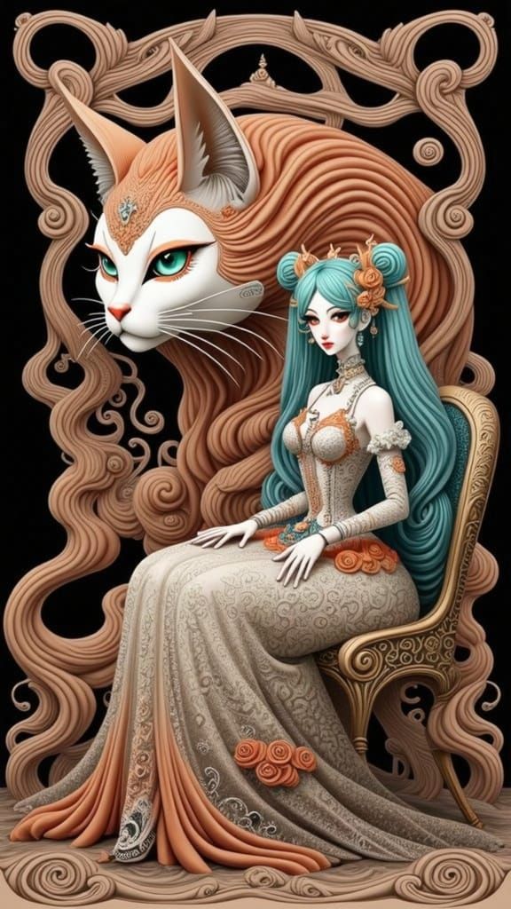 Ethereal Portrait of Hatsune Miku and Majestic Tuxedo Cat in...