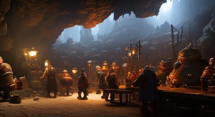 Dwarven Tavern in Cave, Dark Fantasy Concept Art