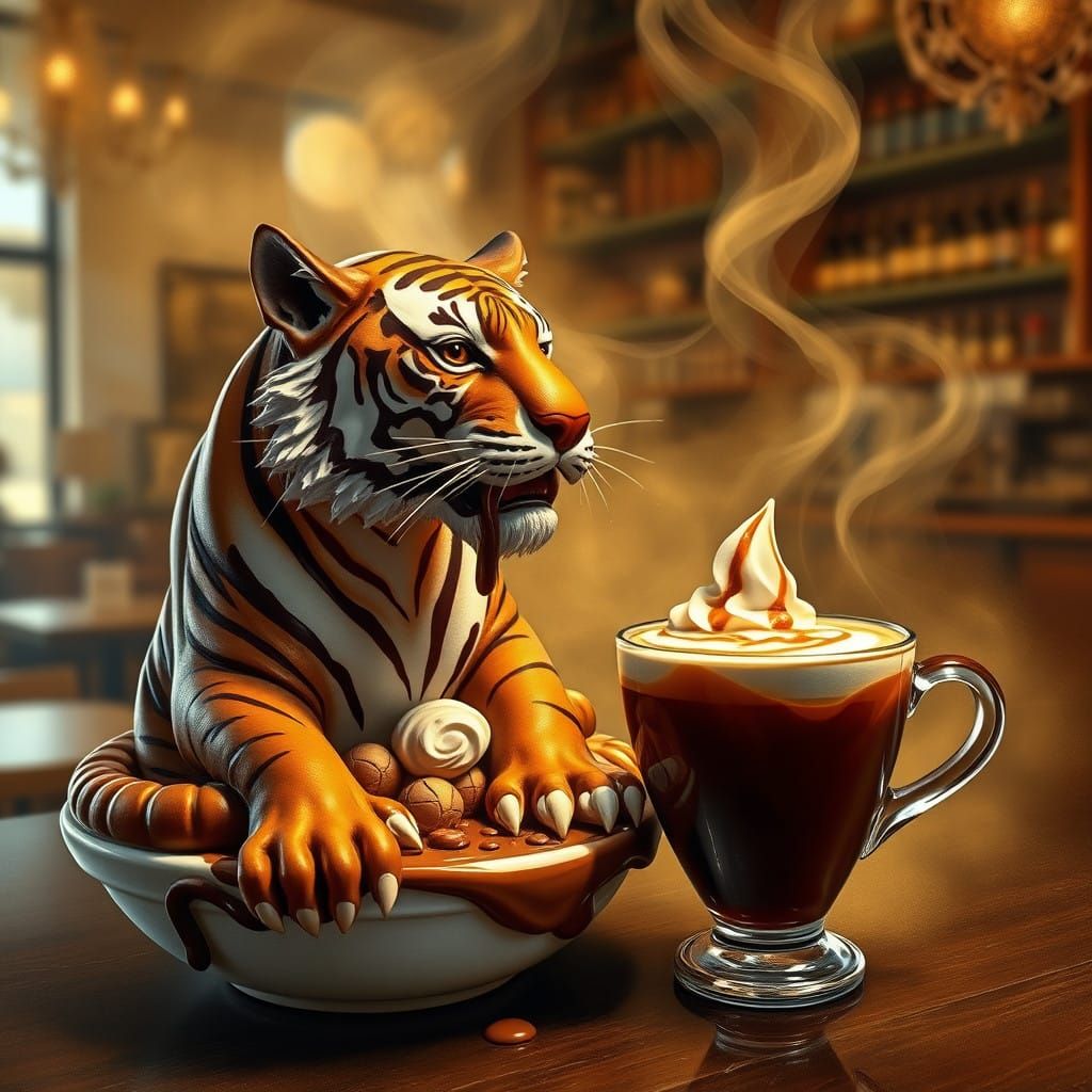 Impressionist Tiger Chocolate Sculpture in Whimsical Coffee...