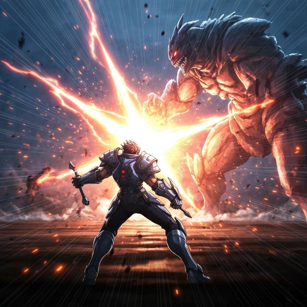 Anime Warrior Unleashes Energy Strike on Monster