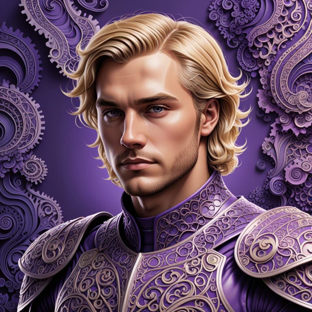 Blond Man in Violet Armor with Abstract Fractal Elements