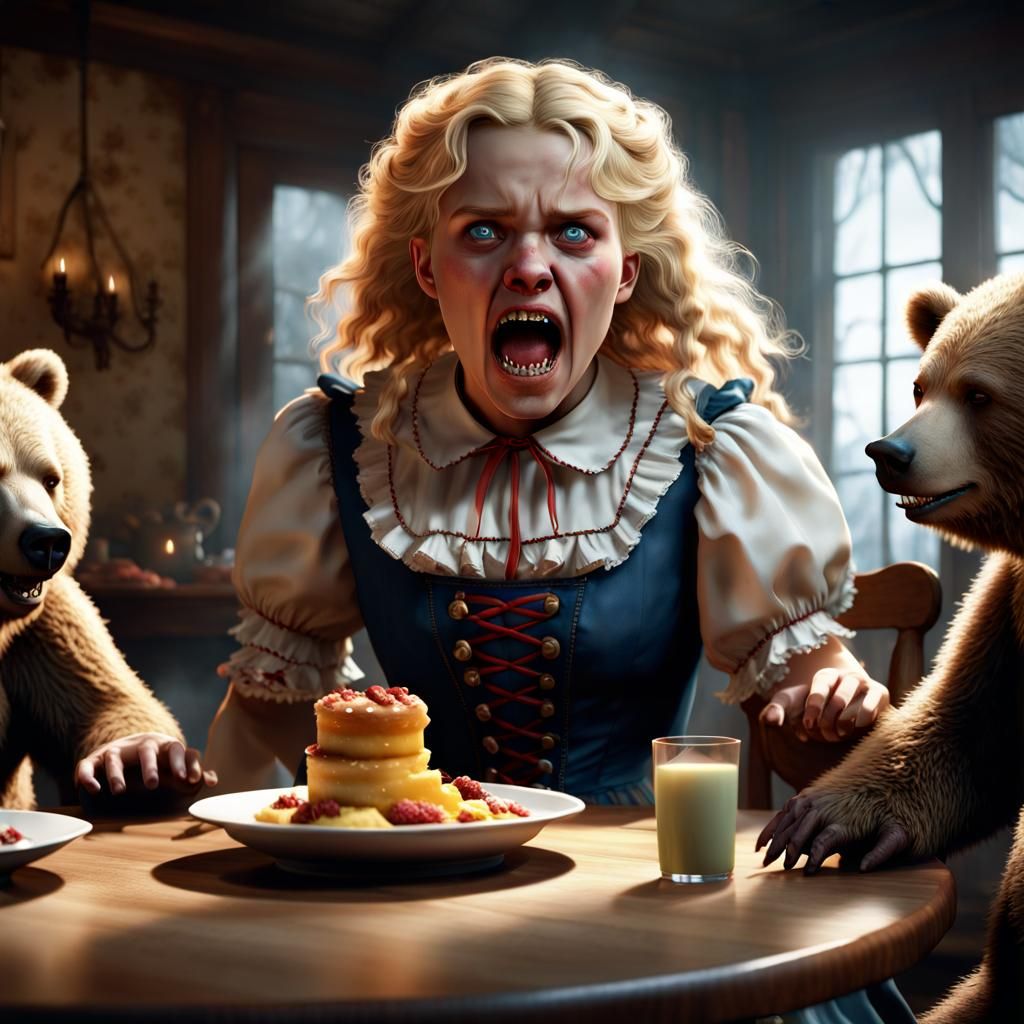 goldilocks is an extremely evil scary evil giant girl. She is angrily screaming at three tiny terrified bears at a break...