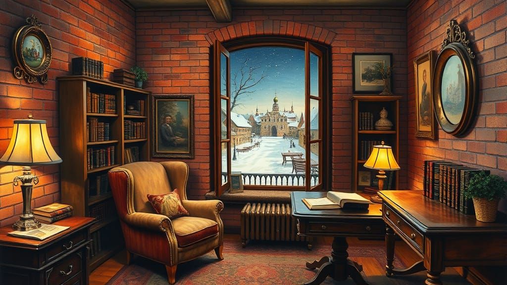 Cozy Home Office at Night in Neo-Impressionist Style