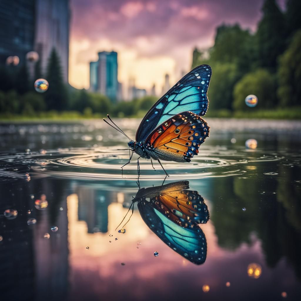 Glowing Butterfly and Cityscape Bubble in Forest