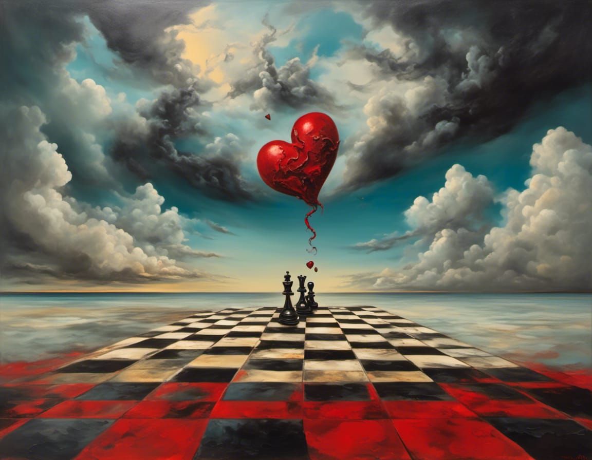 Surreal Landscape with Hearts and Piano Keyboard