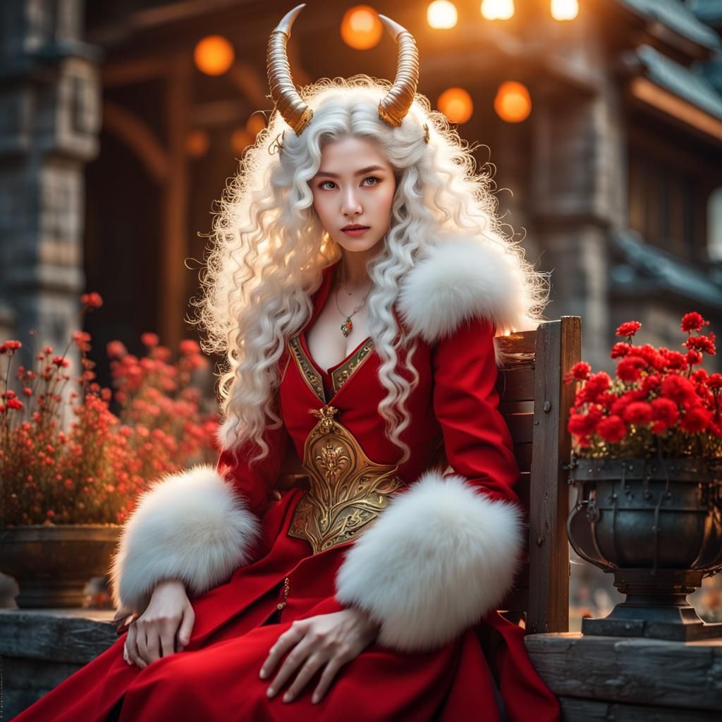 Fantasy Woman with Golden Horns in Courtyard