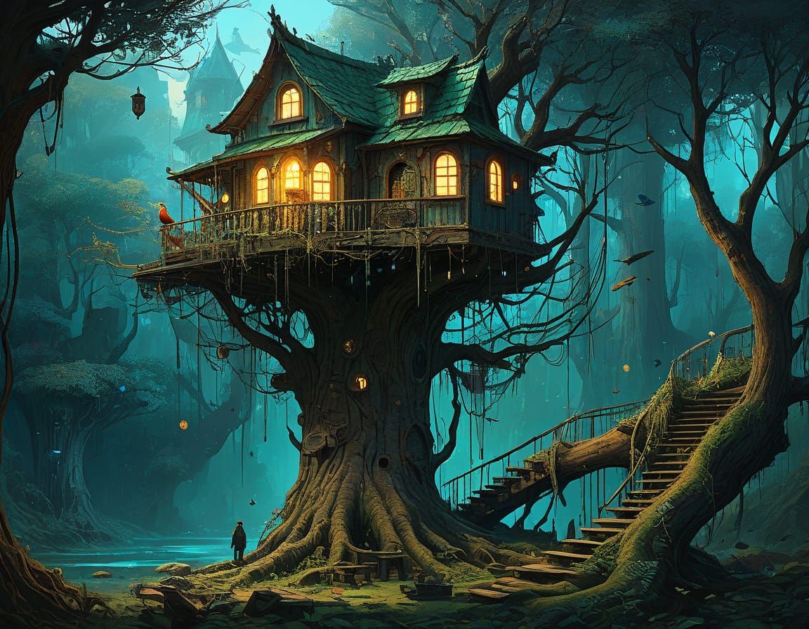 Intricate Birdhouse on Tree in Fantasy Art Style