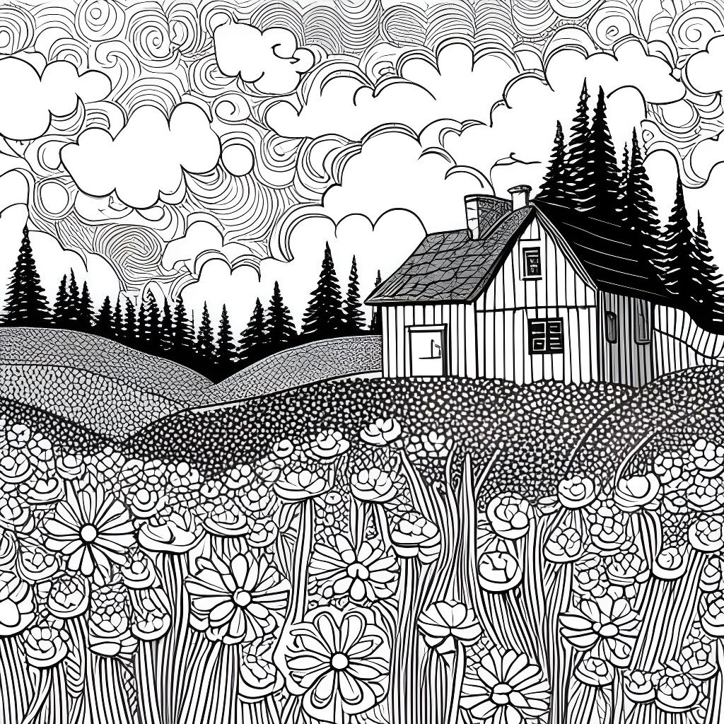 Detailed Flower Meadow Cottage Coloring Page