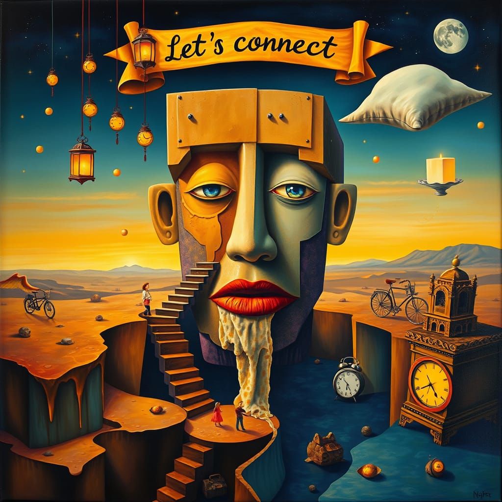 Surreal Dreamscape with Abstract Face and Daily Routine Symb...