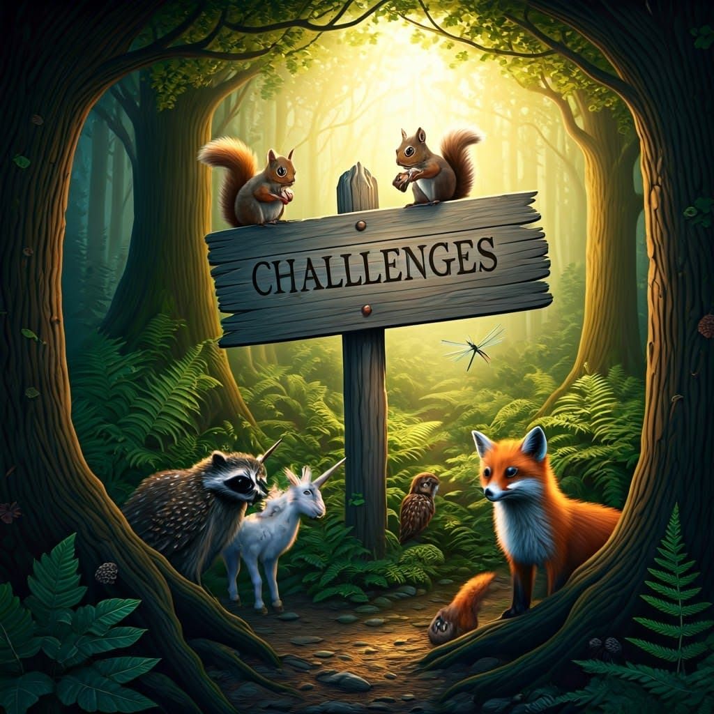 Enchanted Forest Scene with Wooden Sign