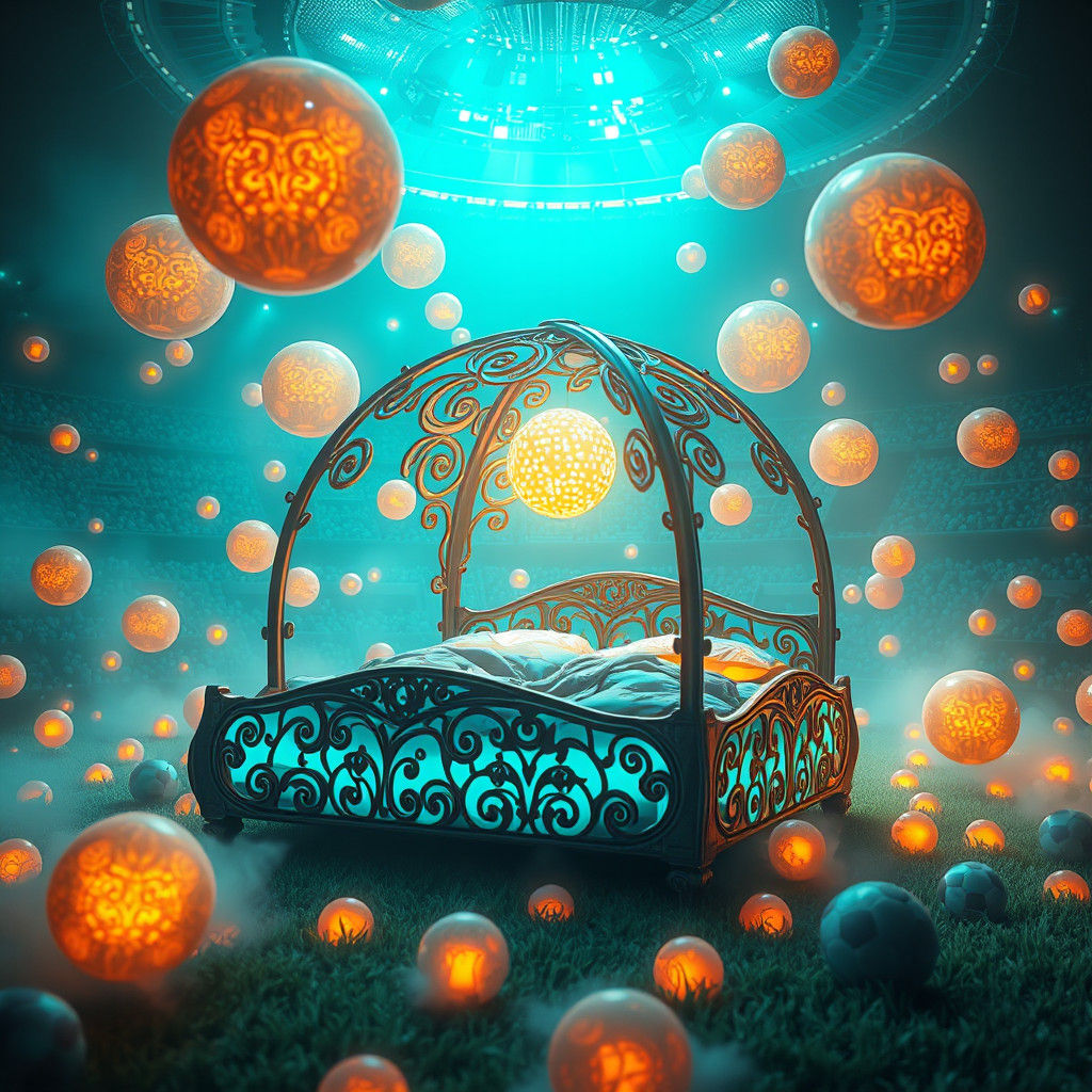 Mystical Bed in Floating Orb Stadium, Fantasy Art
