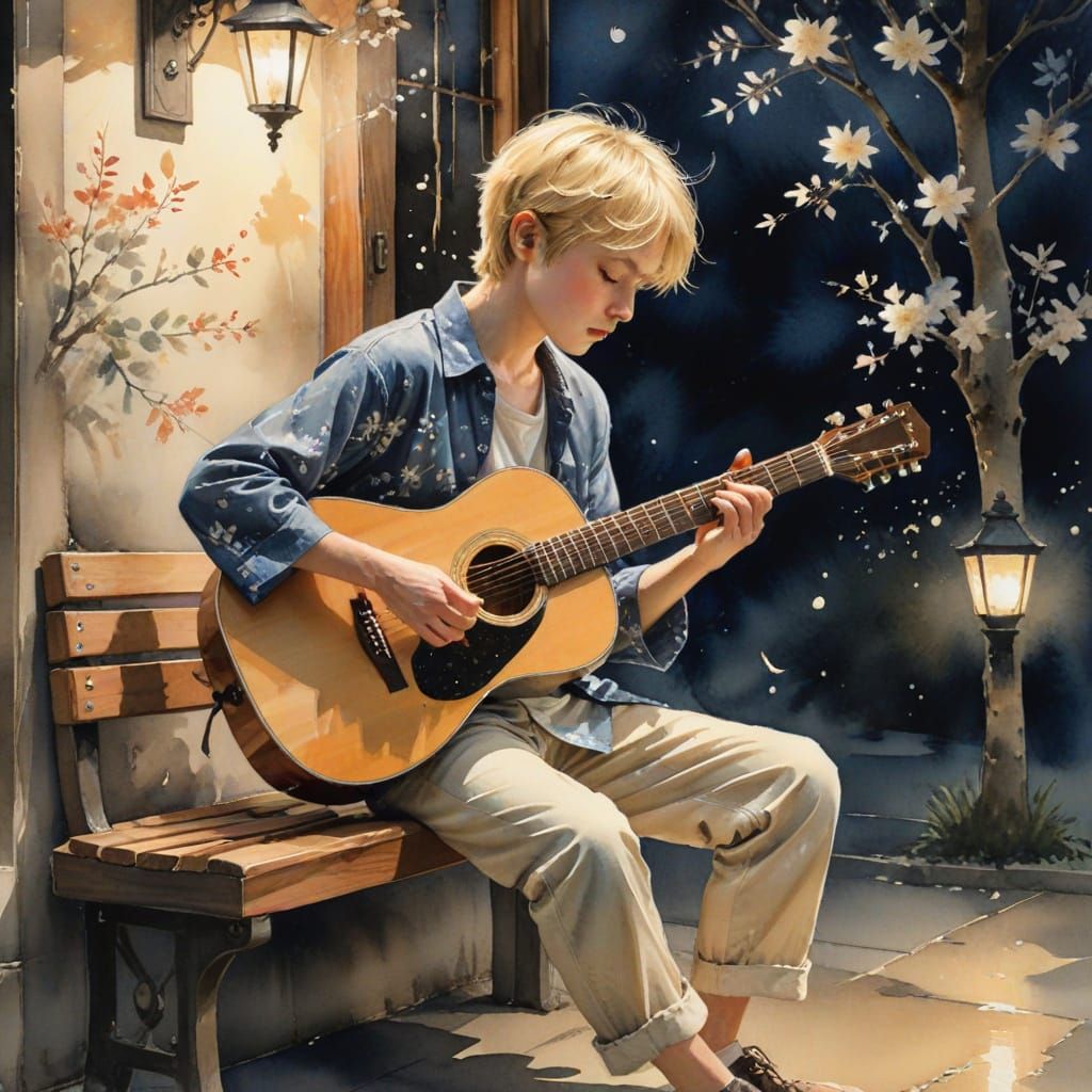 Young Boy Plays Guitar in Serene Watercolor Scene