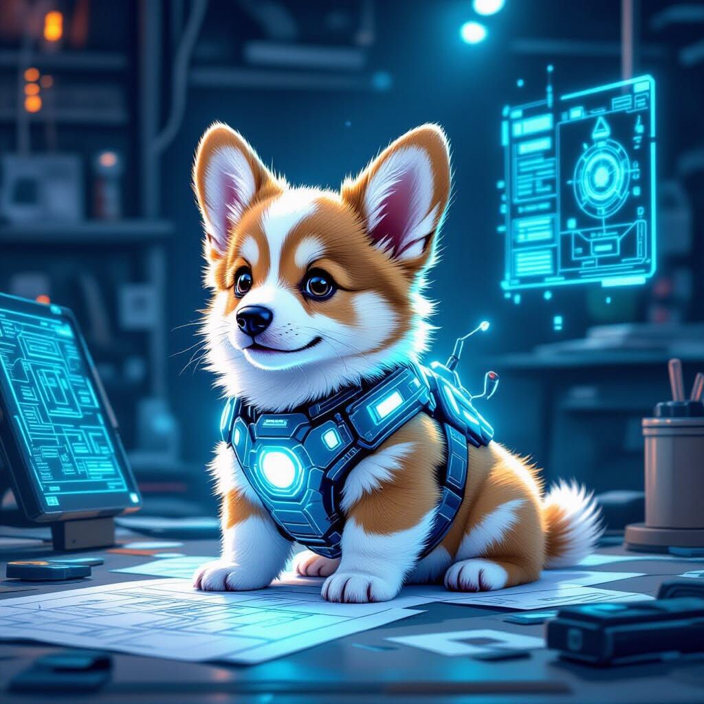 Fluffy Corgi in Glowing Robot Suit