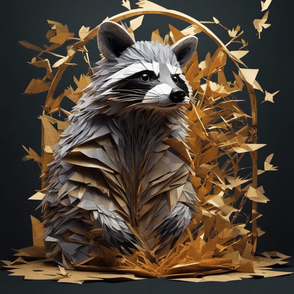 Raccoon Origami Sculpture with Golden Filigree