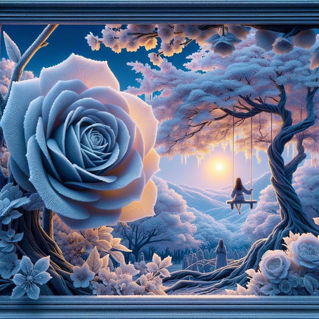 Icy Rose and Sakura Tree at Sunset, 3D Landscape