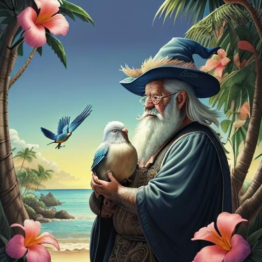 Tropical Wizard Tenderly Cares for His Beloved Bird in a Tra...