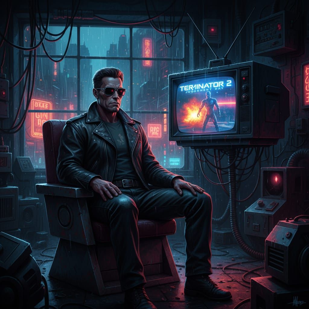 Terminator Watches Terminator 2 in Retro-Futuristic Style