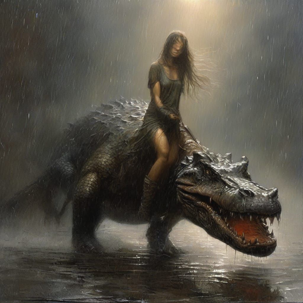 Girl and Alligator in a Stormy, Dramatic Landscape