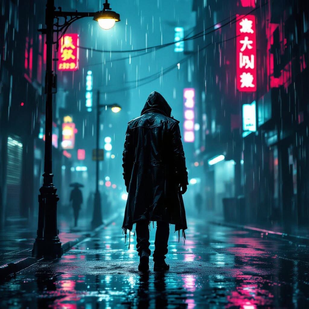 Dystopian Cyberpunk Cityscape with Lone Figure