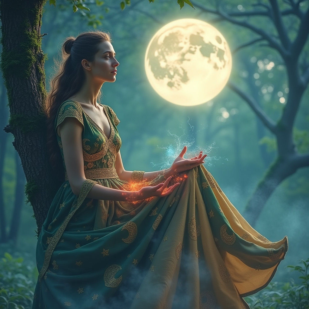 Celtic High Priestess Commands Wind in Lush Forest