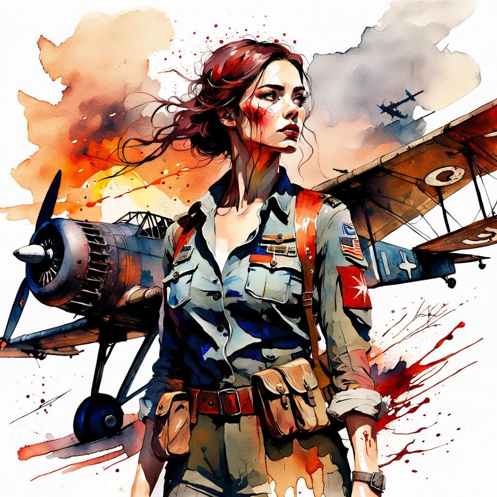 WWII Pilot in Bloody Sunset: Digital Watercolor Art