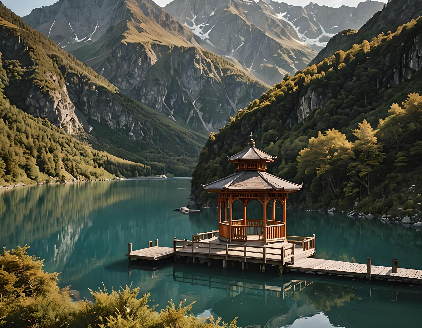 Picturesque Wooden Gazebo by Mountain Lake
