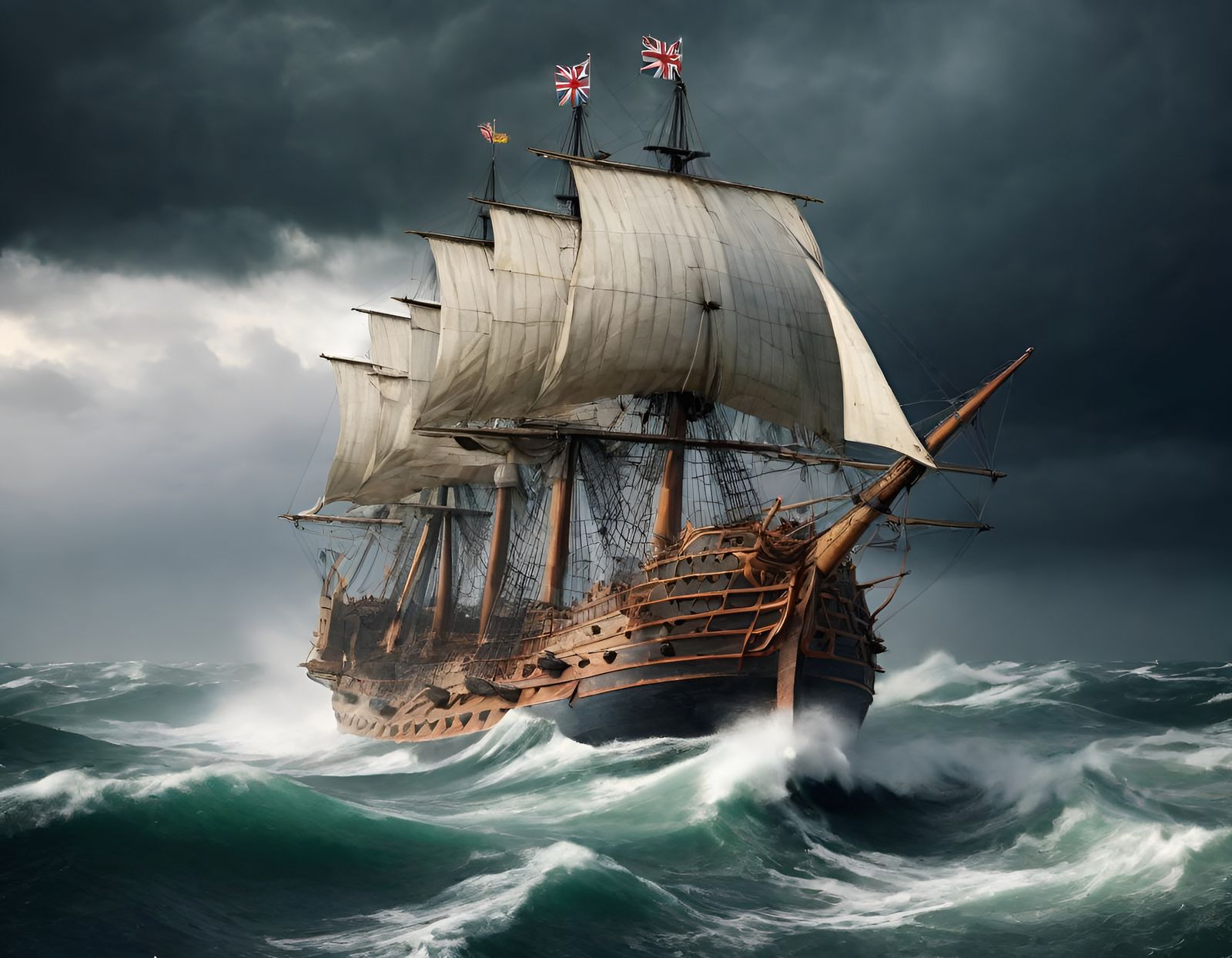 Ancient British Warship on Stormy Seas