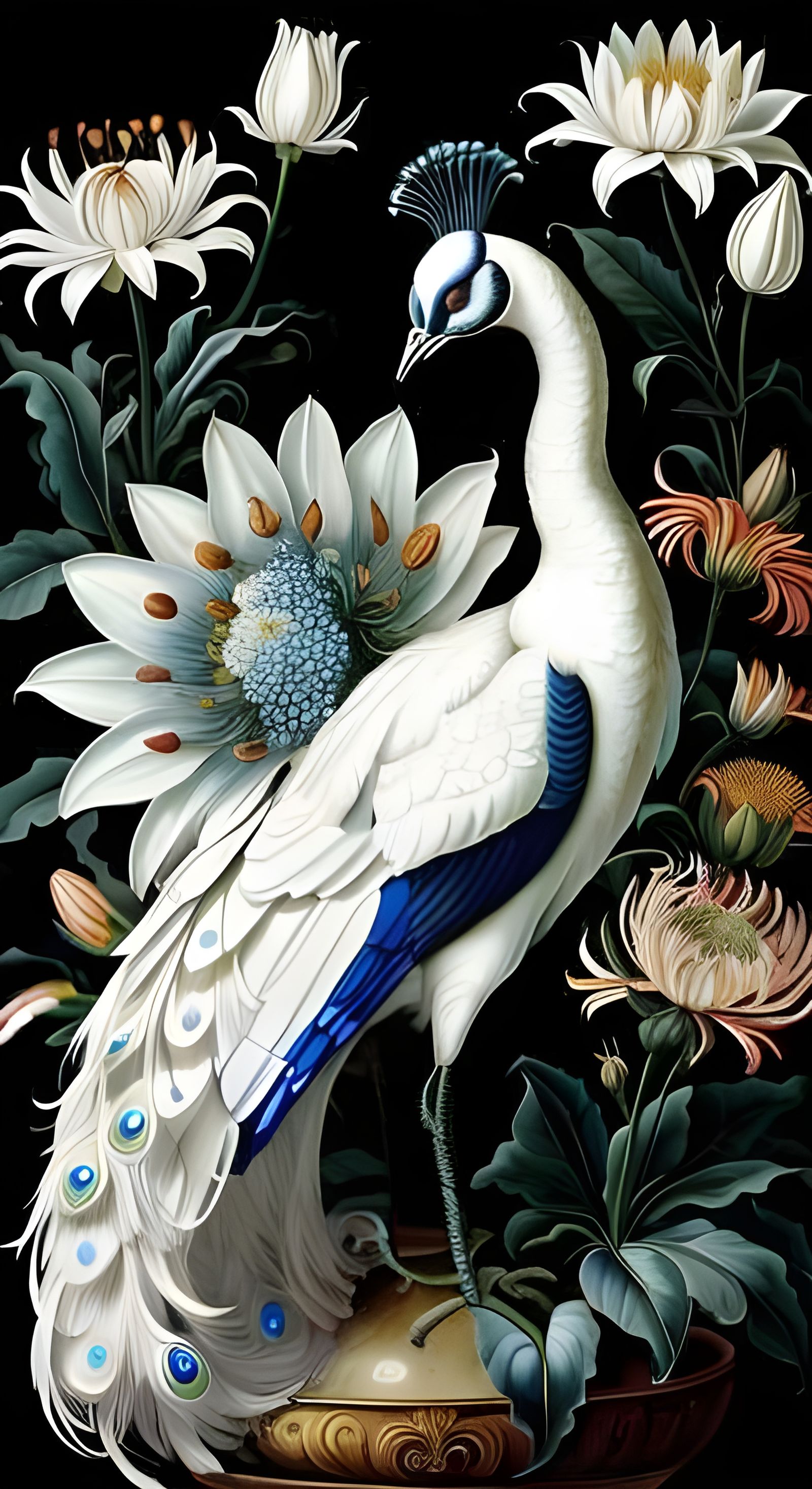 White Peacock with Lilies in Naturalistic Style