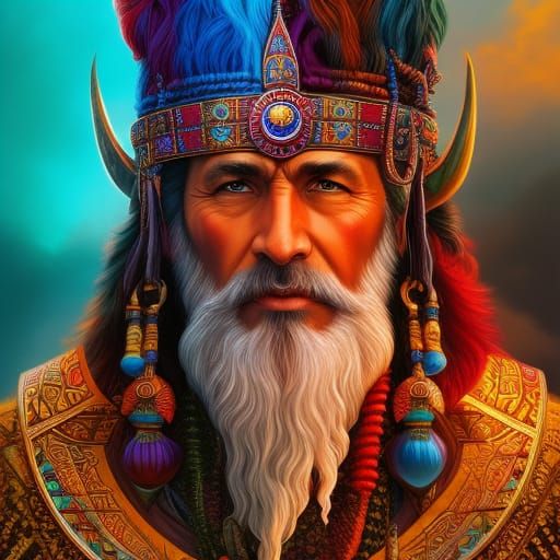 Ancient Shaman Portrait in Vivid Oil Painting Style