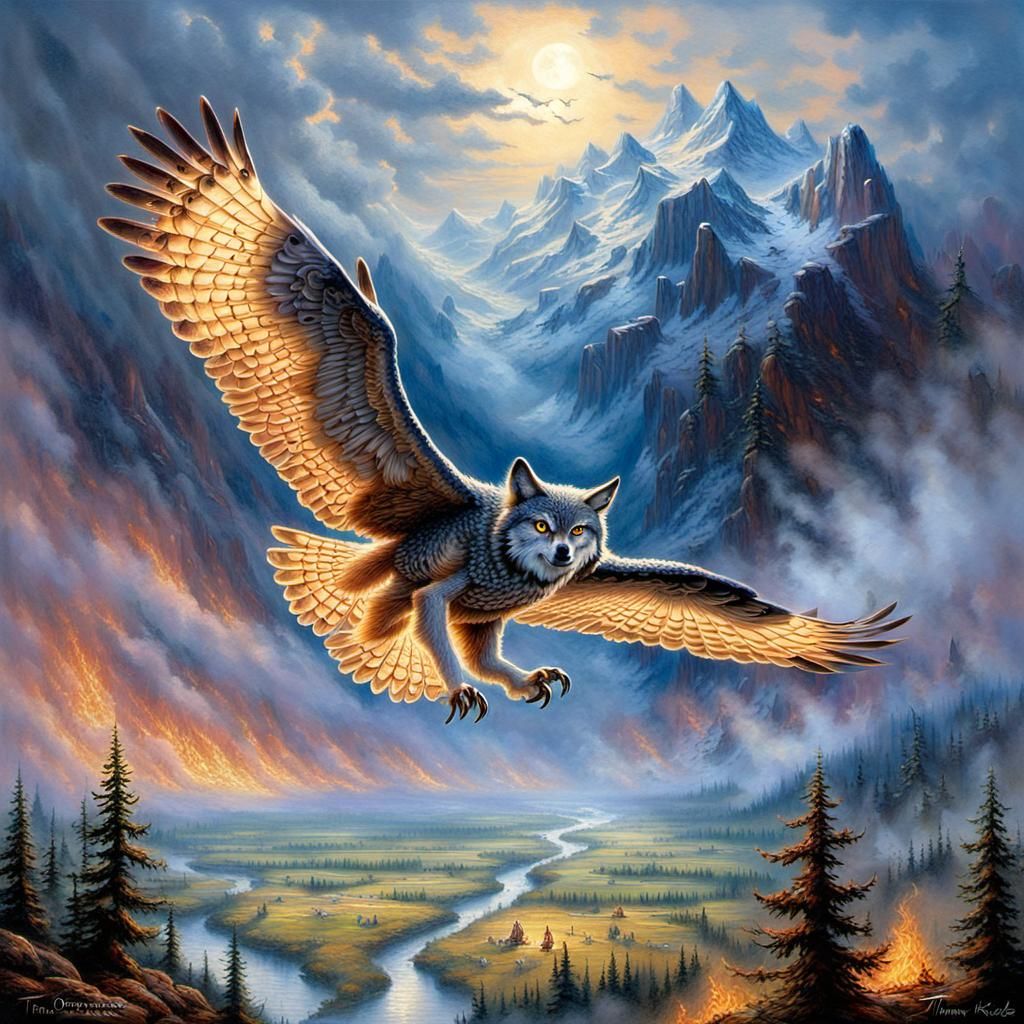 Winged Wolf Soaring Over Burning Plains