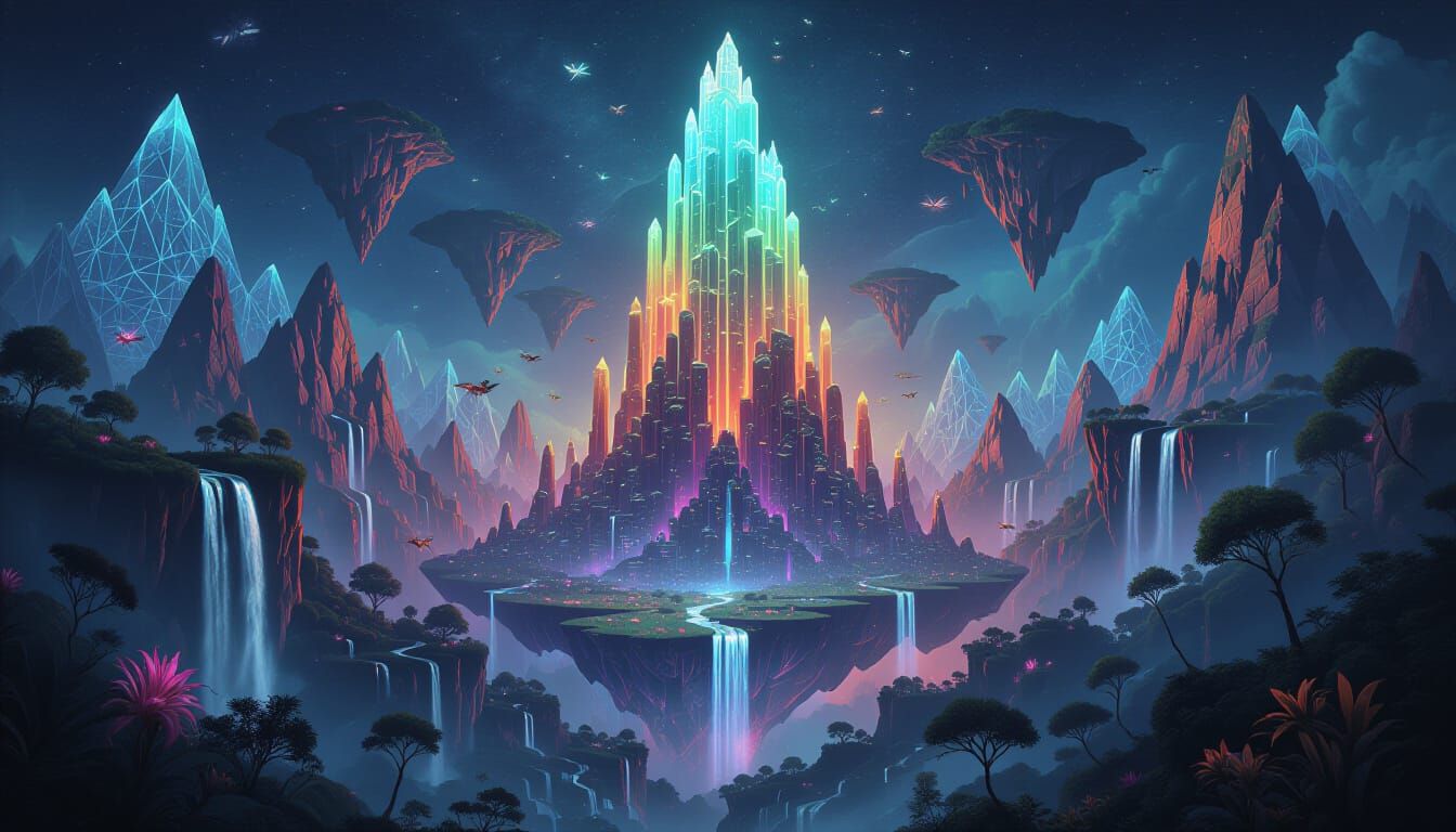 Surreal Cyberpunk City With Obsidian Spire and Fractal World...