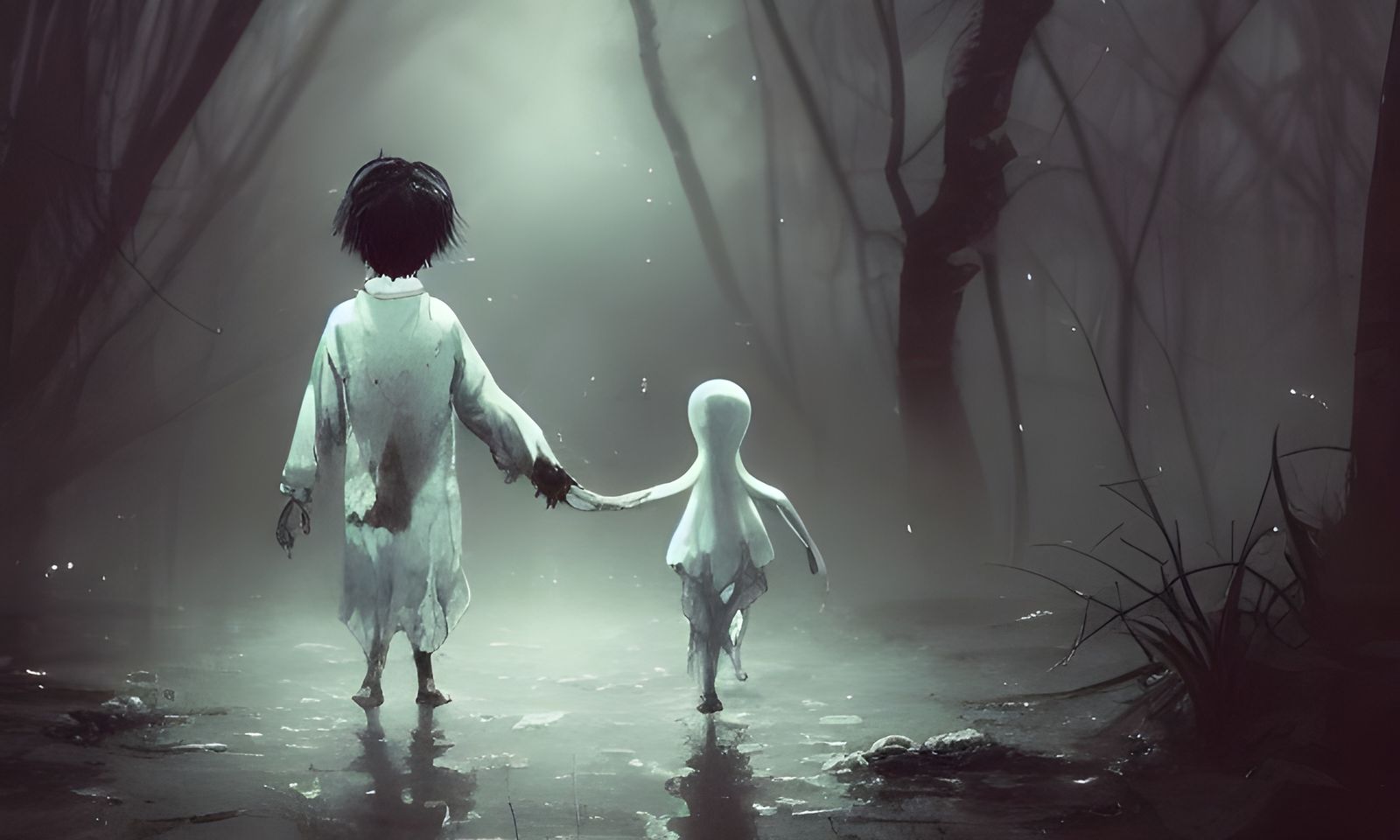 Little White Ghosts Holding Hands: Digital Illustration