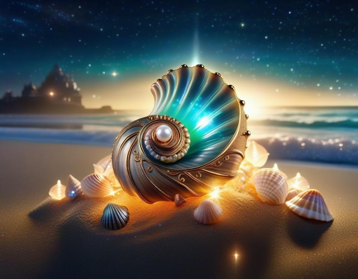 Magical Seashell Amulet on Beach with Vapor