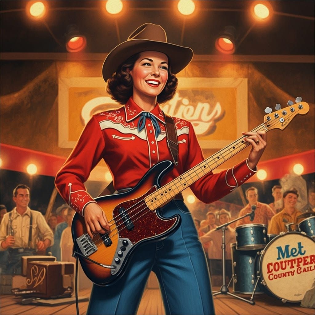Retro Oil Painting of Woman Playing Bass Guitar