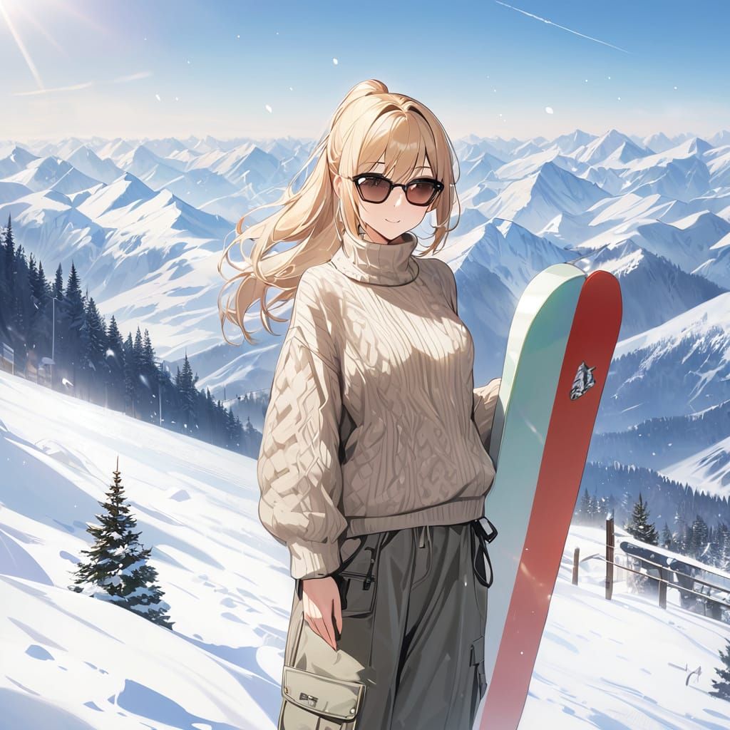 Blonde Snowboarder on Mountain Summit